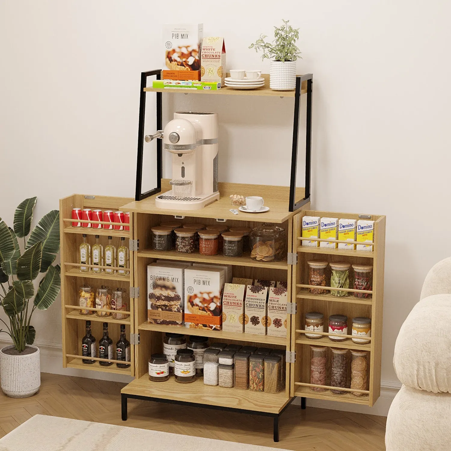 Lifewit Vorratsschrank Rattan 60x37x126cm Küche Natur