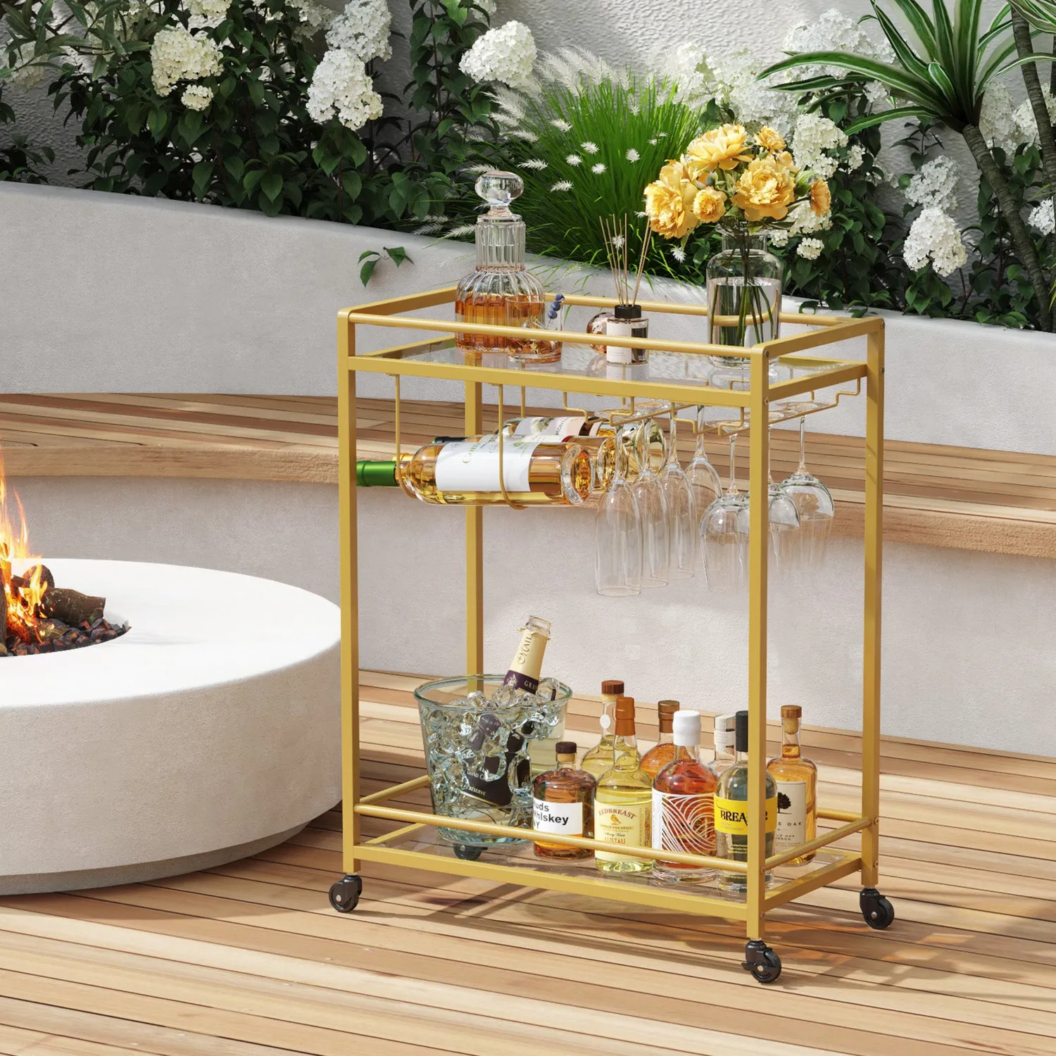 Lifewit Servierwagen Glas Gold 60 cm 2-stöckig