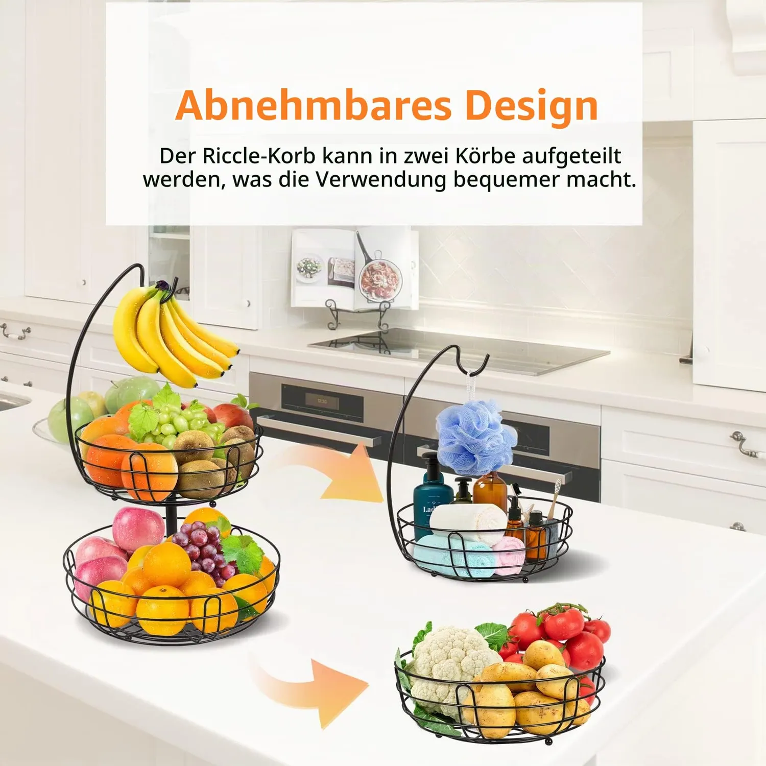 BOMCLAP Obstkorb 2-stöckig Metall Schwarz mit Bananenhalter