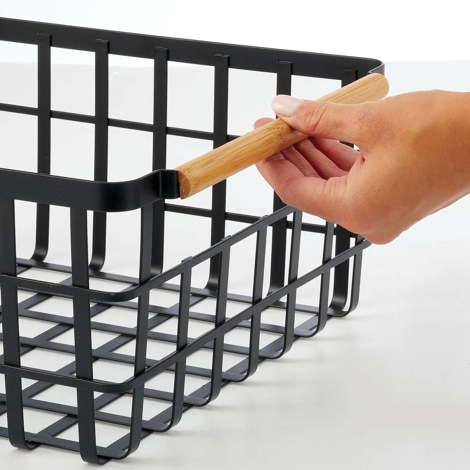 mDesign Drahtkorb 2er-Set mattschwarz mit Bambusgriffen