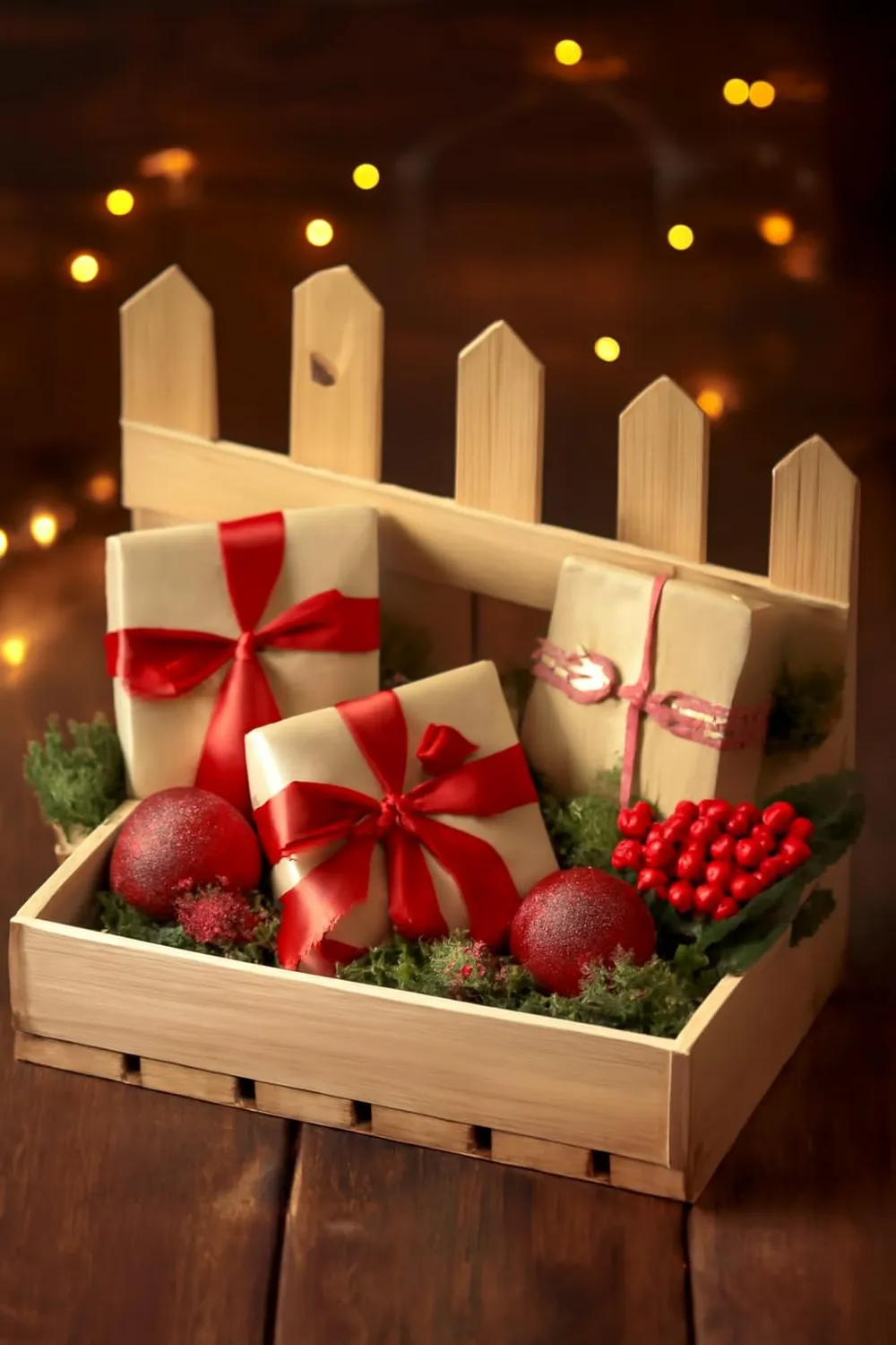 GoodFreshDecor Holzkiste Weihnachten 40x26x35 Natur mit Zaun