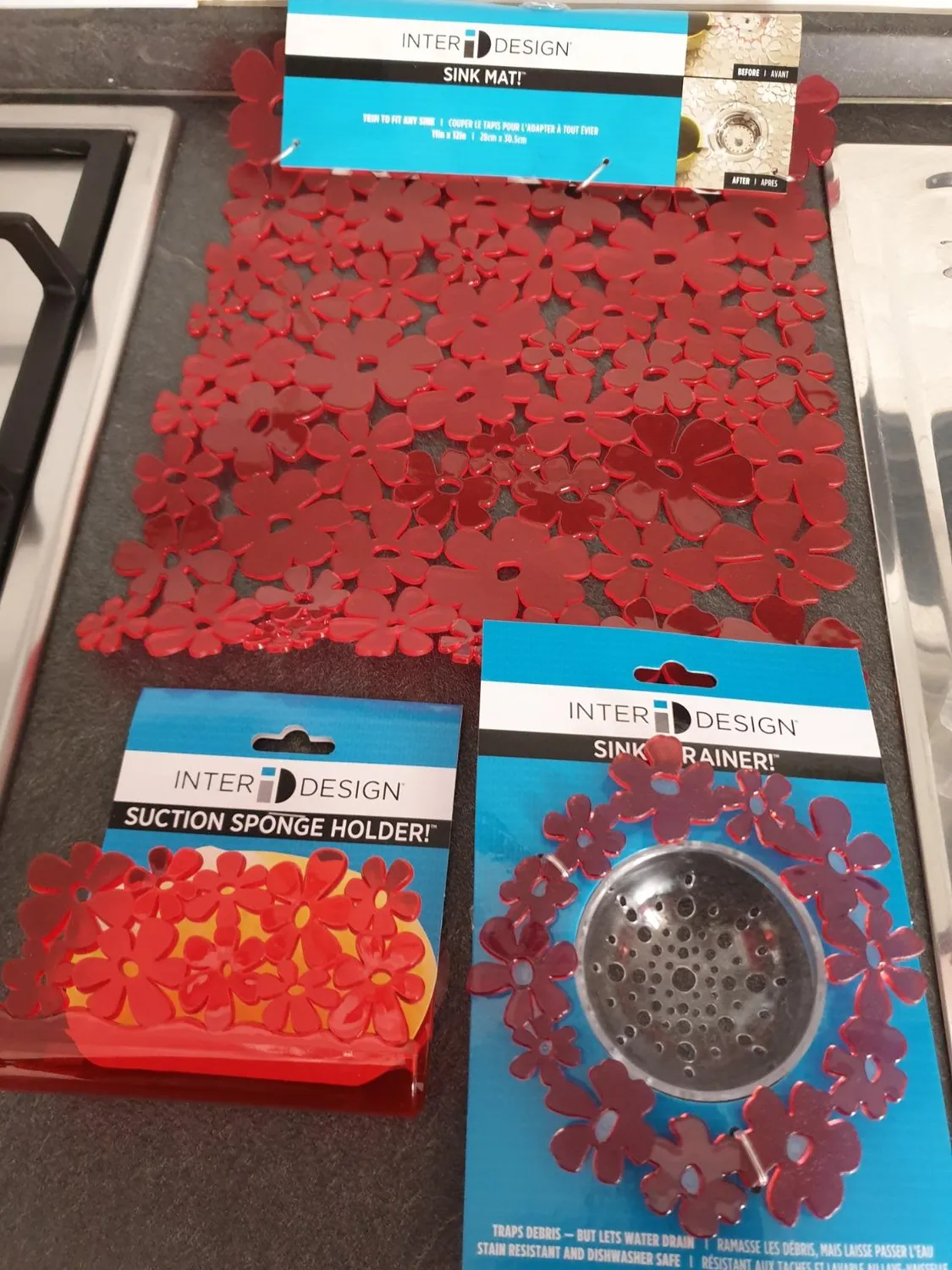 mDesign Spülbecken Set Rot 3er Floral für Doppelspüle