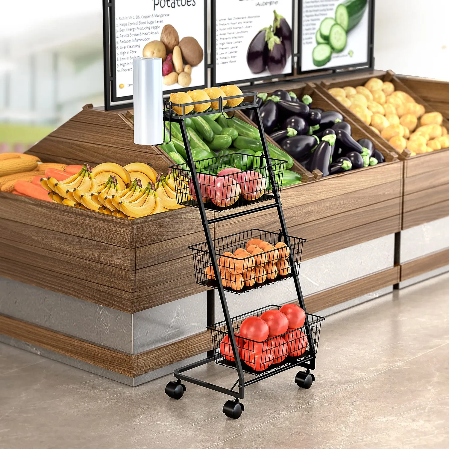 BOMCLAP Obst Etagere Obstkorb 4-stöckig schwarz mit Rollen