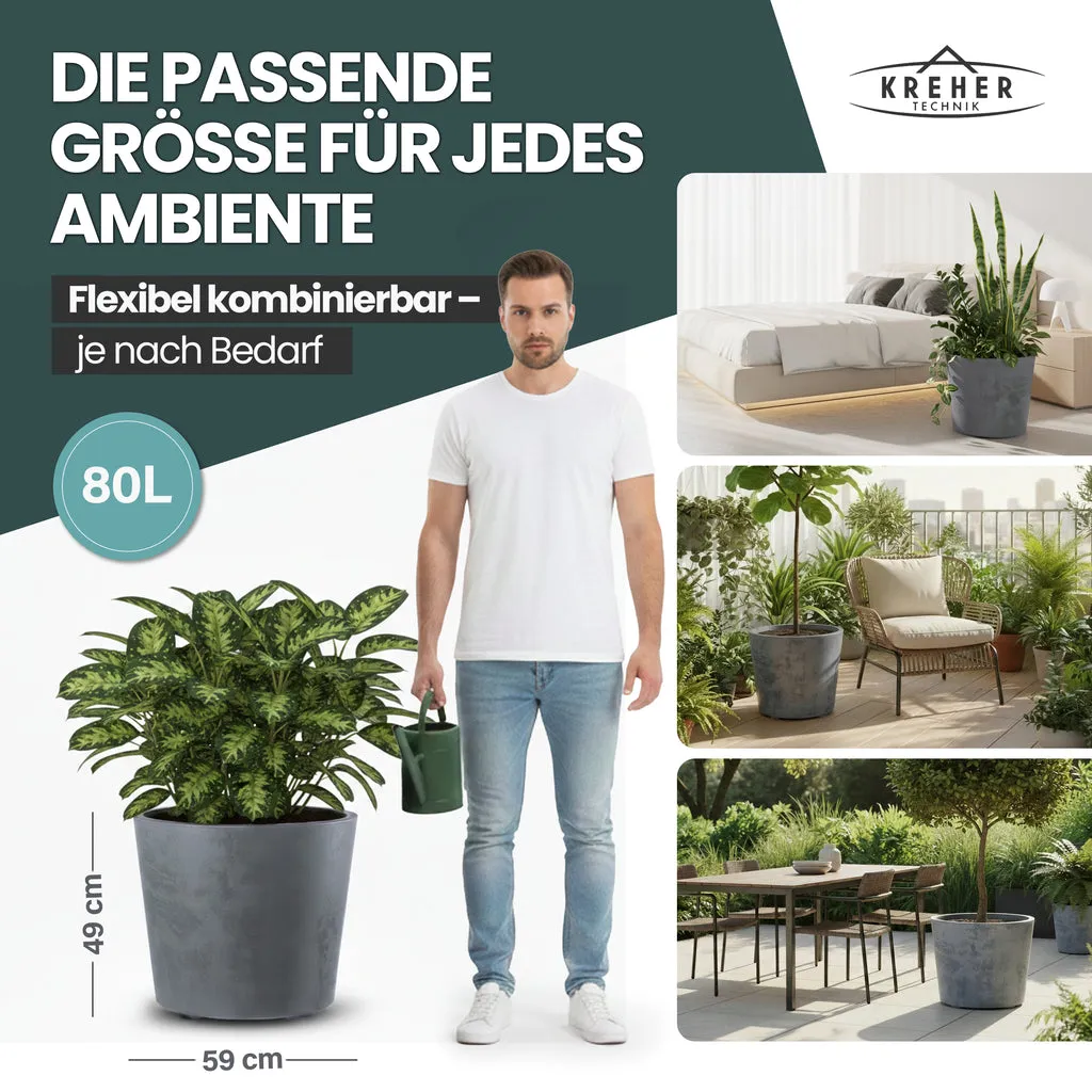 Kreher Millennium Pflanzkübel 80L Rund 2er Grau Wasserspeicher