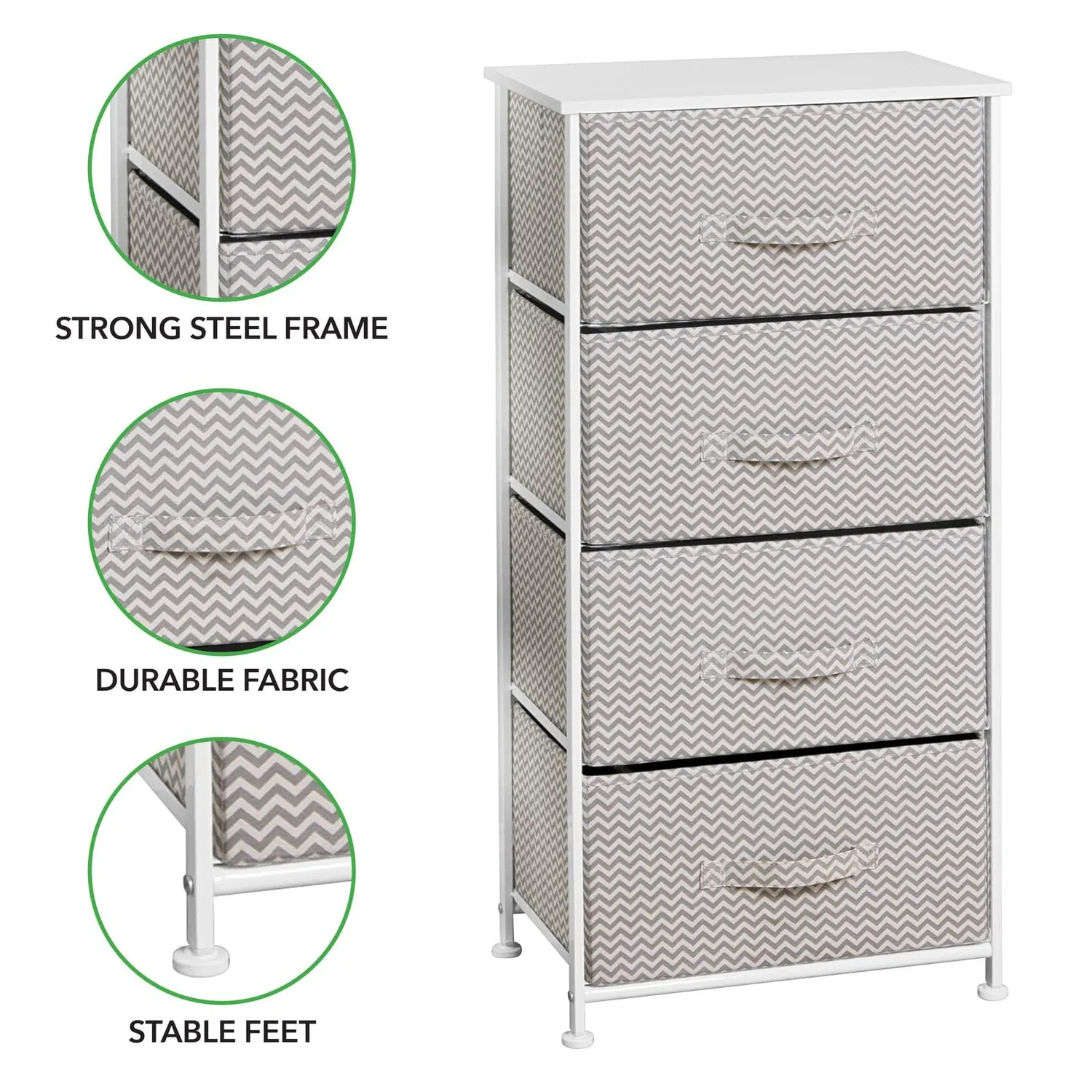mDesign Kommode mit 4 Schubladen Stoffschrank Taupe-Weiß Zickzack