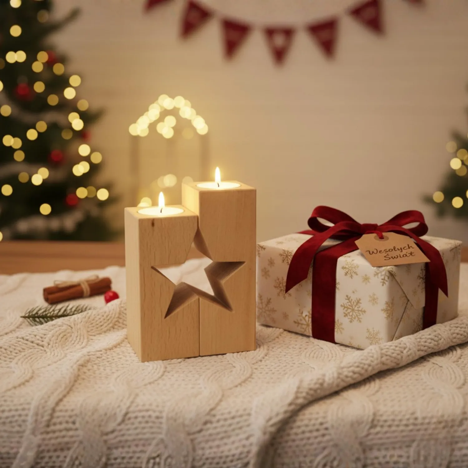 GoodFreshDecor Stern Kerzenständer Holz 2er Set mit Teelichtern