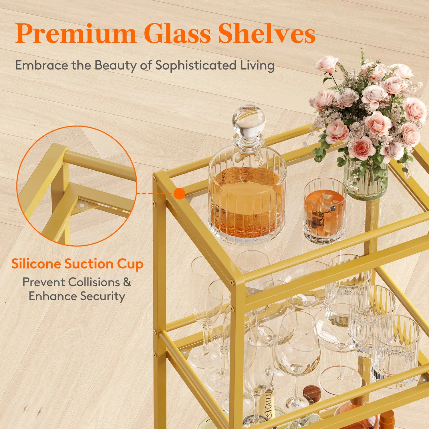 Lifewit Servierwagen Gold Glas 3-stöckig mit Rollen