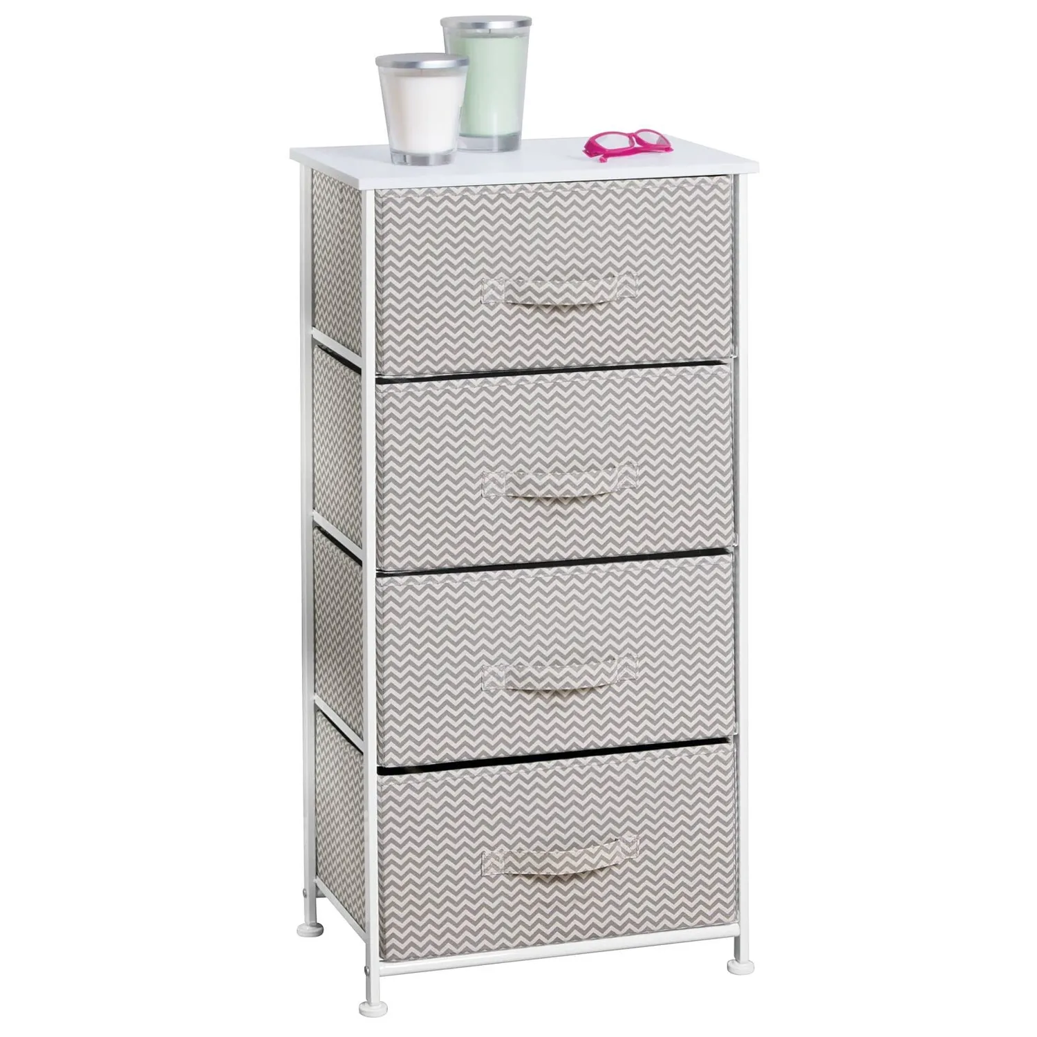 mDesign Kommode mit 4 Schubladen Stoffschrank Taupe-Weiß Zickzack