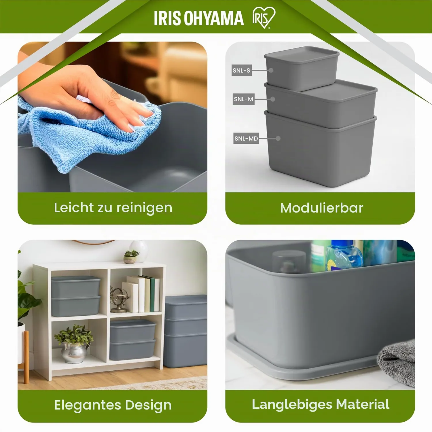 Iris Ohyama SNL-MD Aufbewahrungsbox Grau 22L 3er-Set mit Deckel