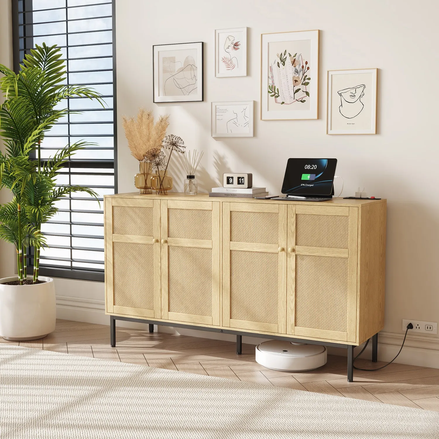 Lifewit Rattan Sideboard 4 Türen Natur mit Steckdose