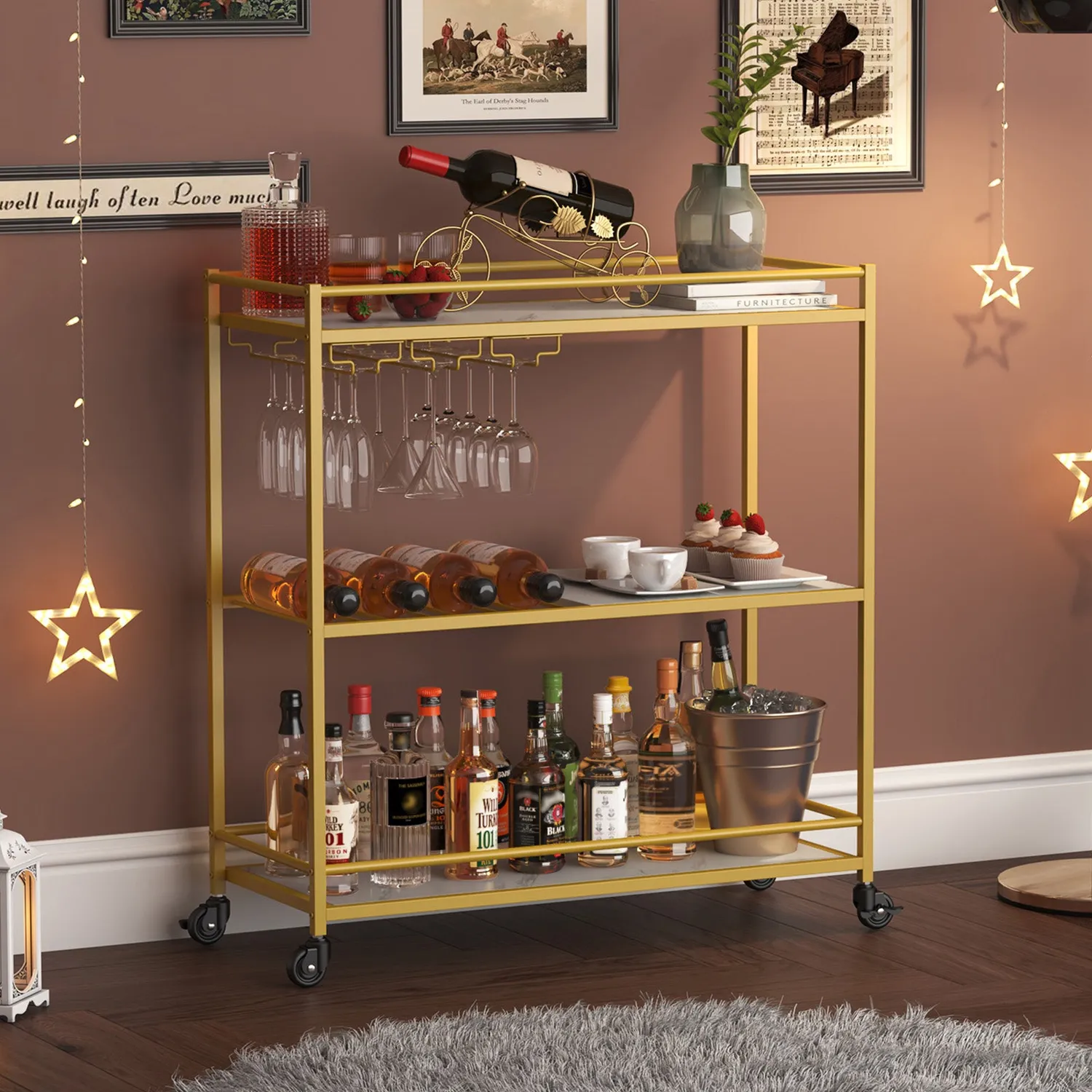 Lifewit Servierwagen Gold 3 Etagen 80cm