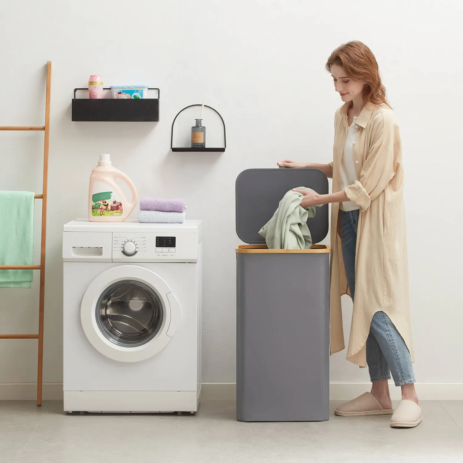 Lifewit Wäschekorb 100L grau mit Deckel faltbar Bambusgriff