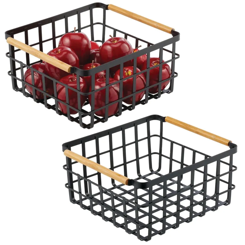 mDesign Drahtkorb 2er-Set mattschwarz mit Bambusgriffen