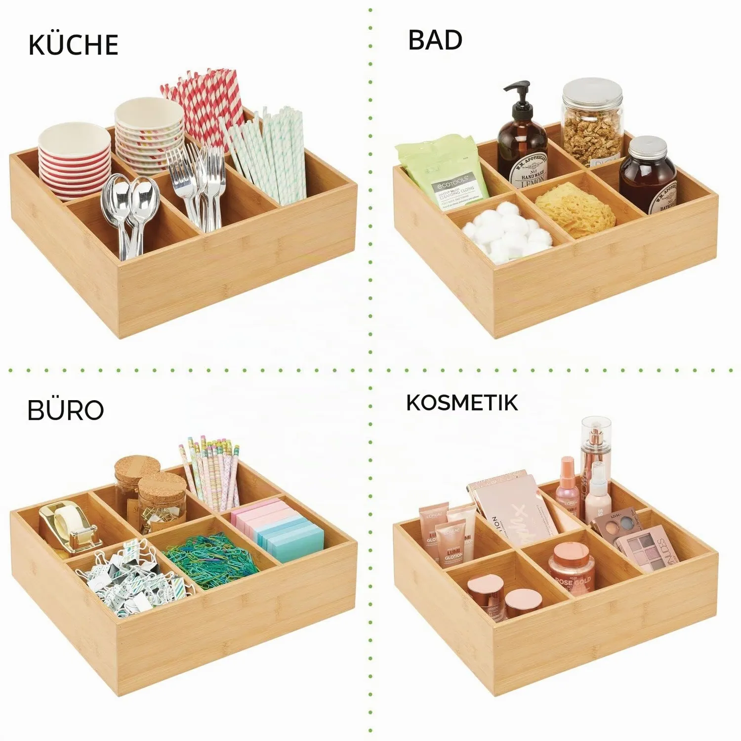 mDesign Teebox Bambus 6 Fächer 2er-Set natur 35,6 cm Holzkiste