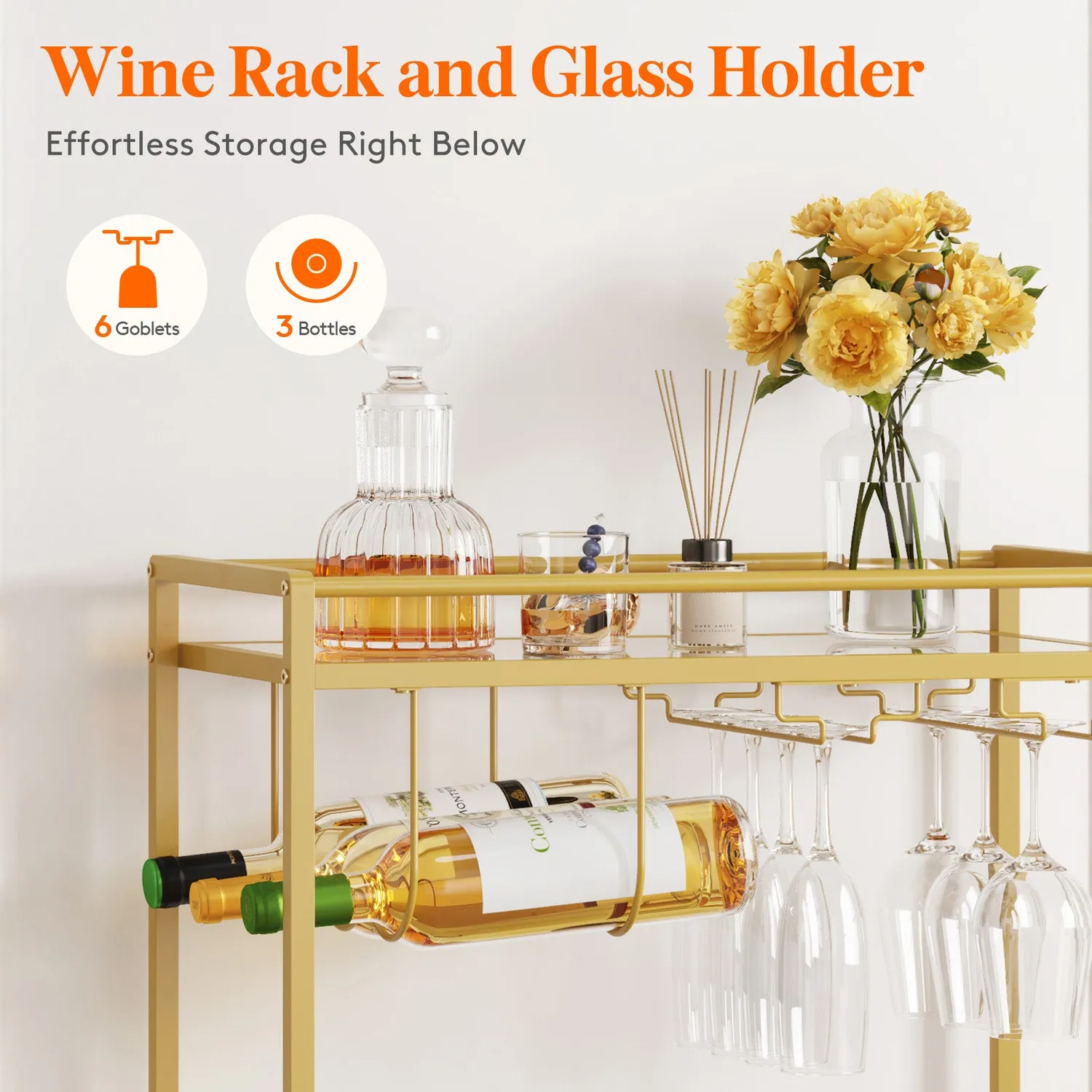 Lifewit Servierwagen Glas Gold 60 cm 2-stöckig