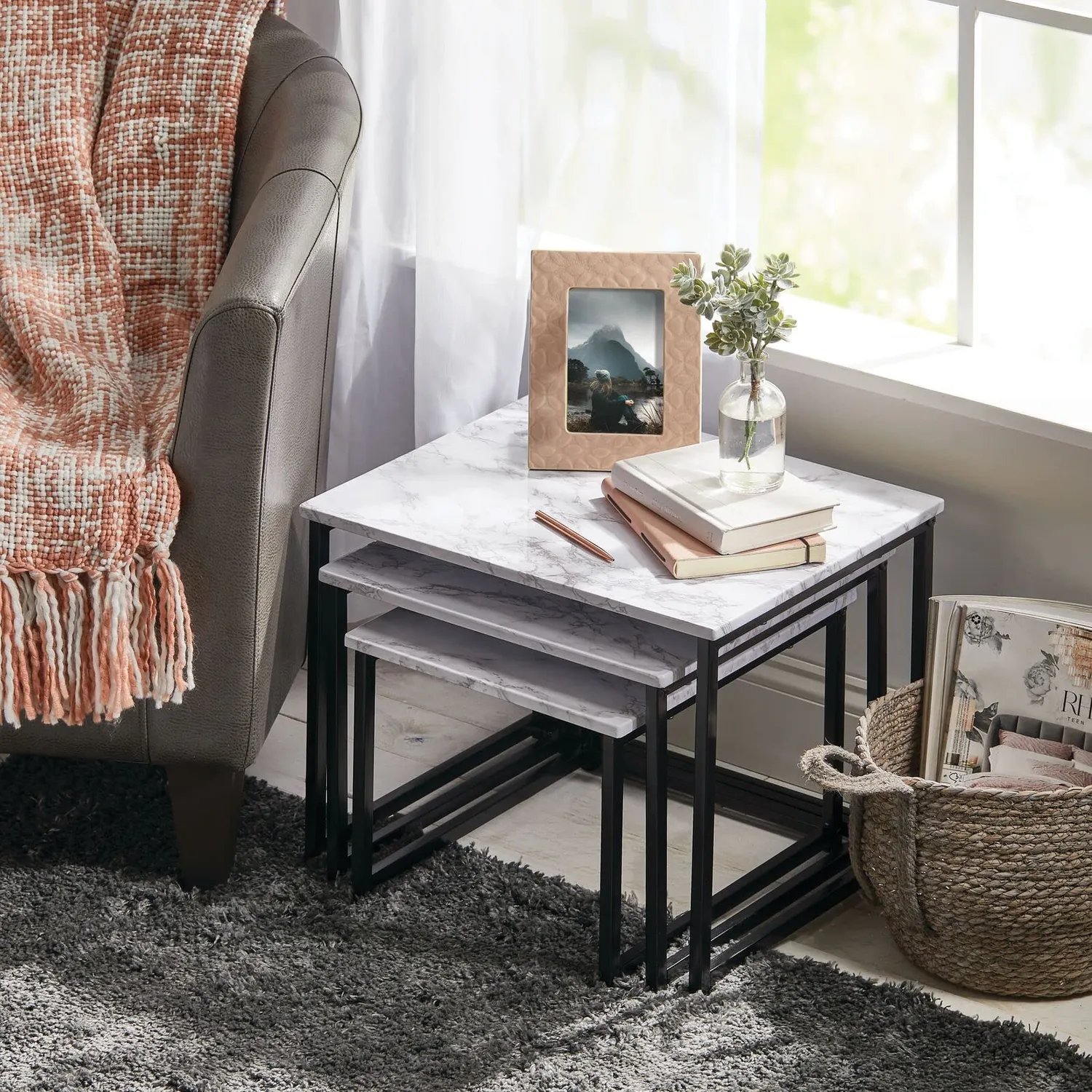 mDesign Couchtisch 3er-Set Marmor schwarz Industrial Holz