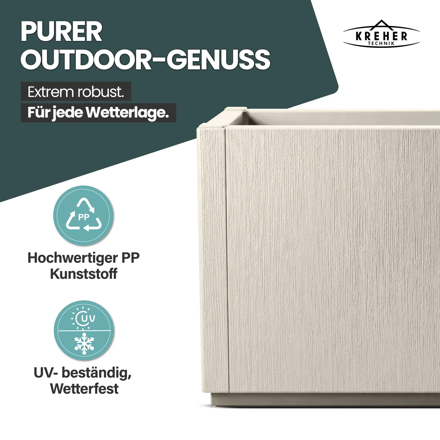 Kreher Ethica Pflanzkasten Schmal Beige 35 Liter Struktur