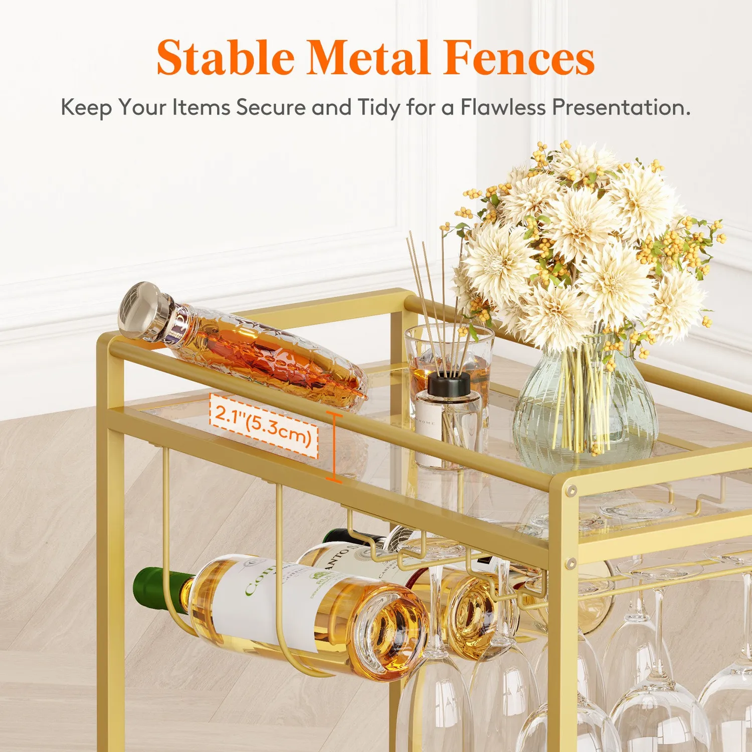 Lifewit Servierwagen Glas Gold 60 cm 2-stöckig