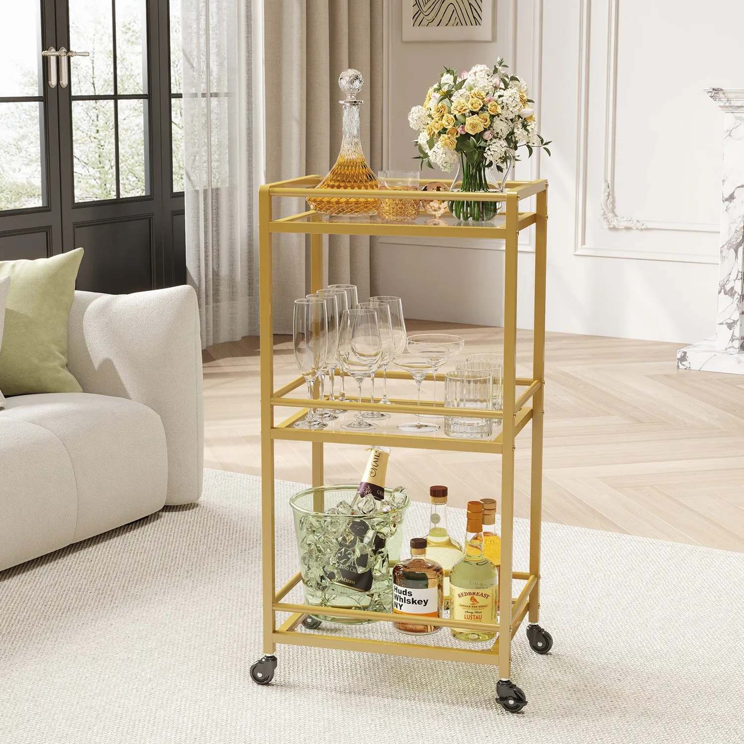 Lifewit Servierwagen Gold Glas 3-stöckig mit Rollen