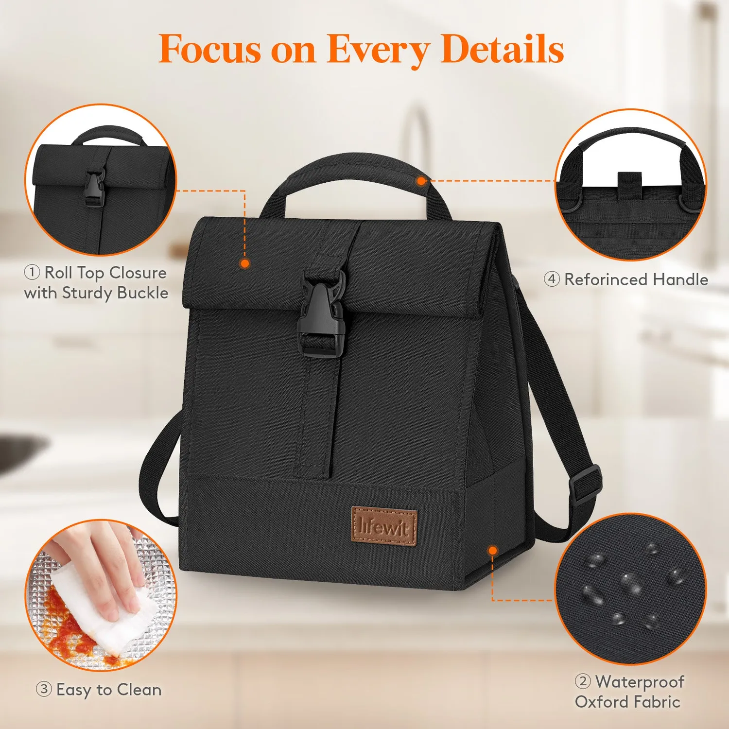 Lifewit Lunchtasche Rolltop isoliert Schwarz 8L