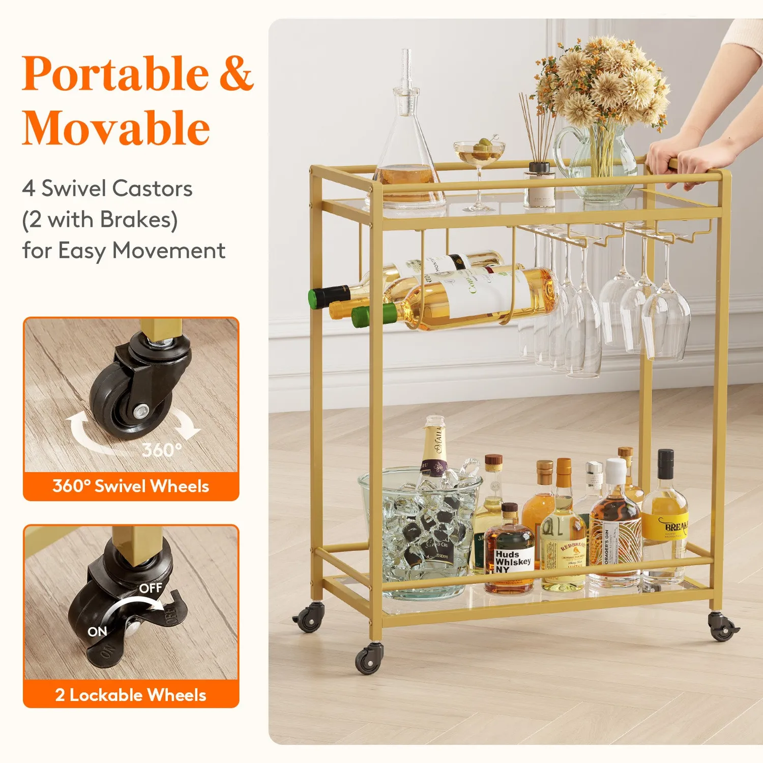 Lifewit Servierwagen Glas Gold 60 cm 2-stöckig