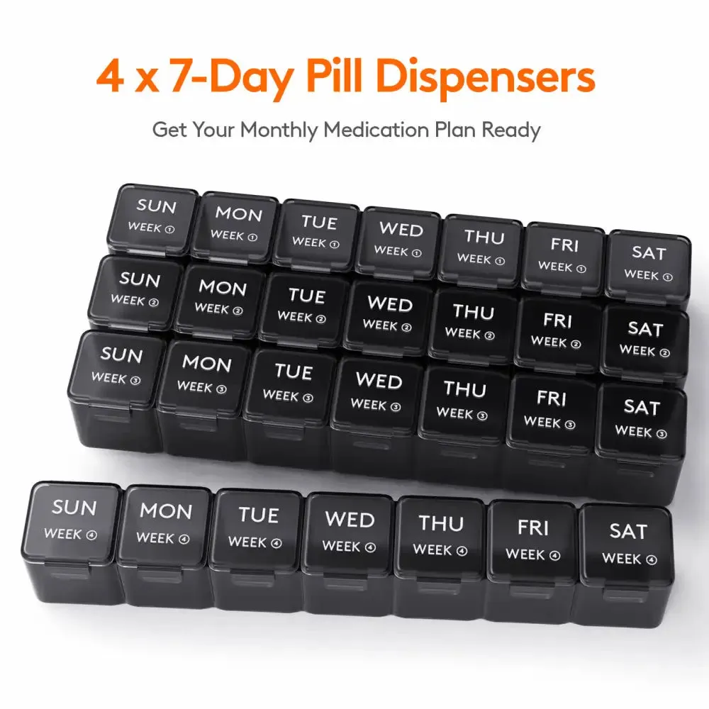 Lifewit Pill Box Tablettenbox Schwarz 4er-Set 28 Fächer