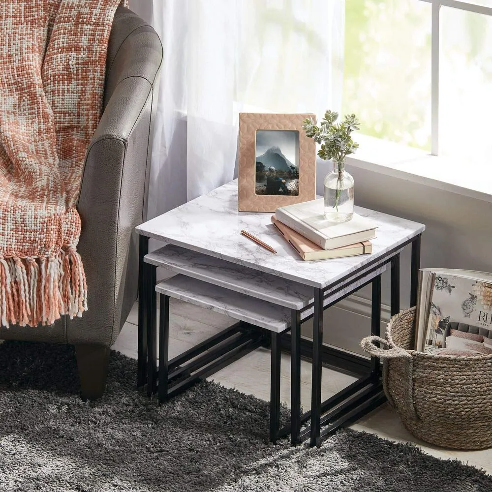 mDesign Couchtisch 3er-Set Marmor schwarz Industrial Holz