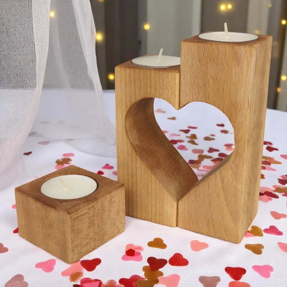 GoodFreshDecor Kerzenständer Buche 3er-Set natur geölt Herz