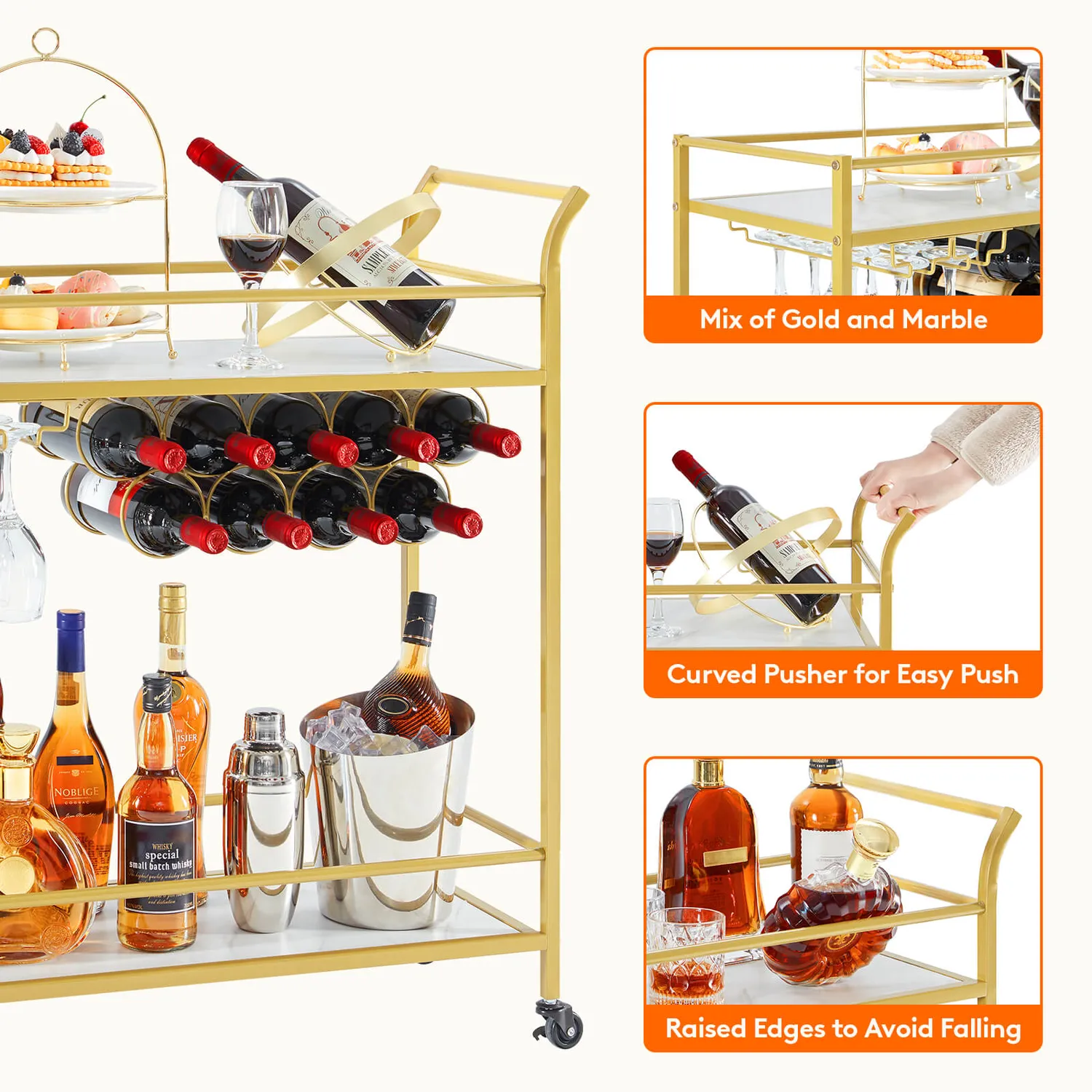 Lifewit Barwagen Gold Marmor Servierwagen 2 Etagen Wein