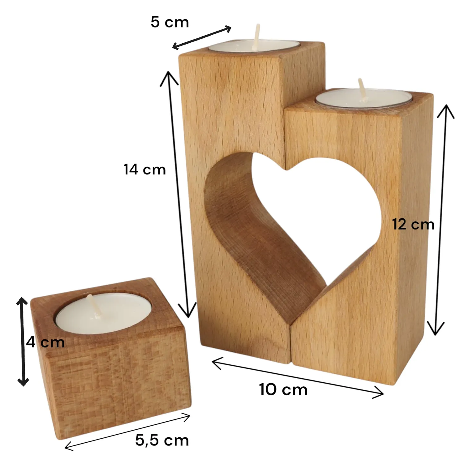 GoodFreshDecor Kerzenständer Buche 3er-Set natur geölt Herz
