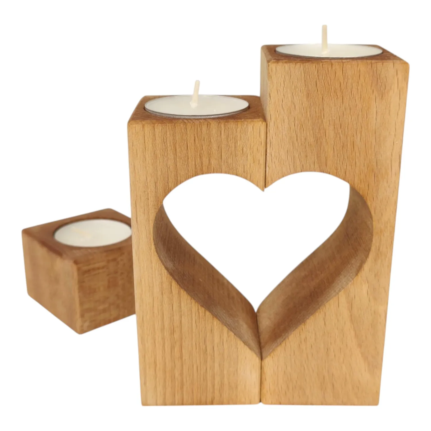 GoodFreshDecor Kerzenständer Buche 3er-Set natur geölt Herz