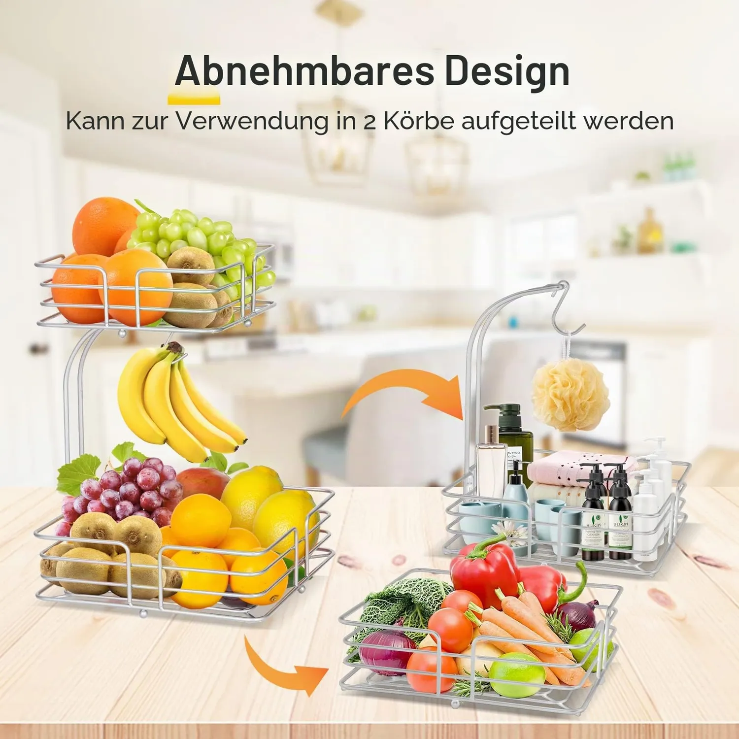 BOMCLAP Obstkorb 2 Etagen Metall Obstschale mit Bananenhalter silber