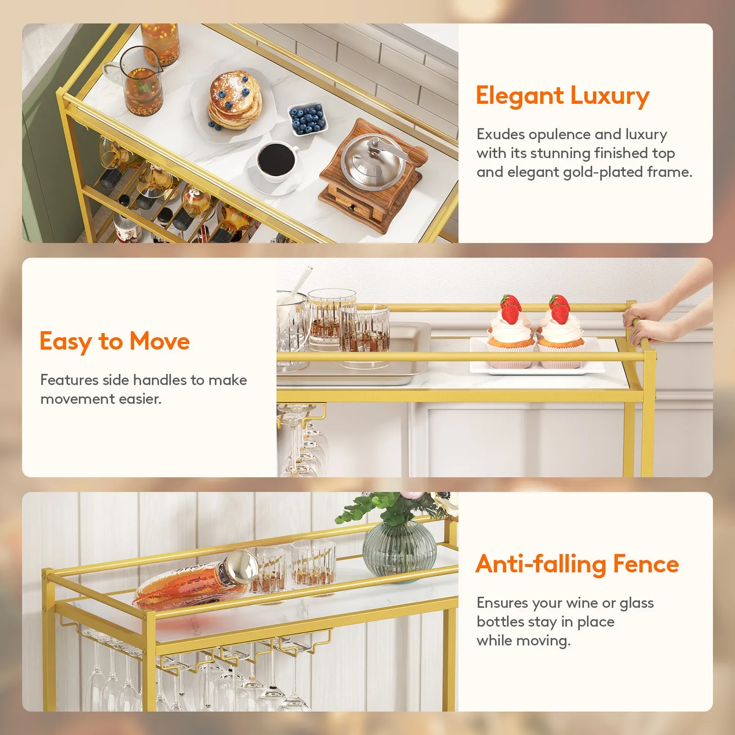 Lifewit Servierwagen Gold 3 Etagen 80cm