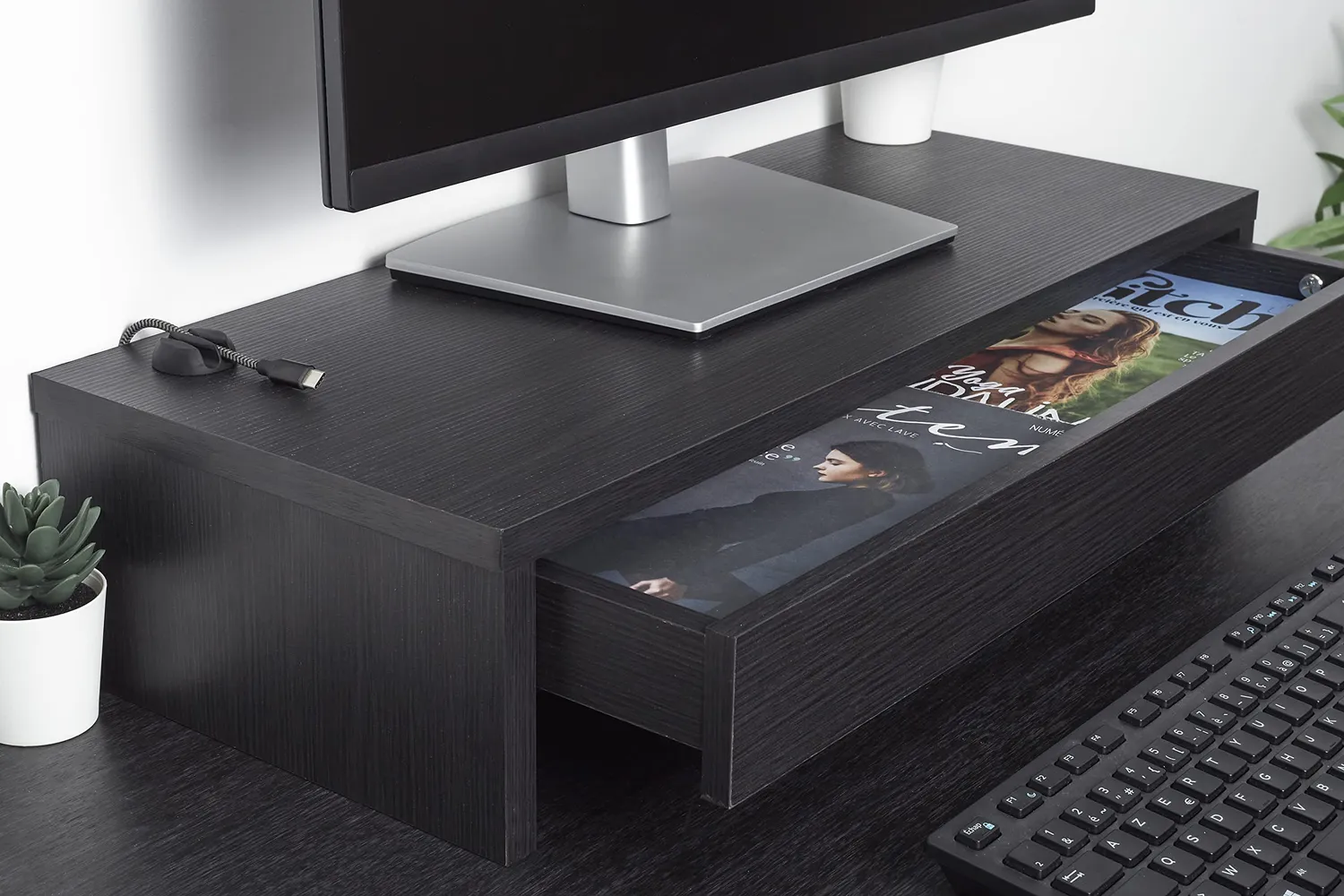 Iris Ohyama MS-590D Monitorständer Eiche schwarz mit Schublade