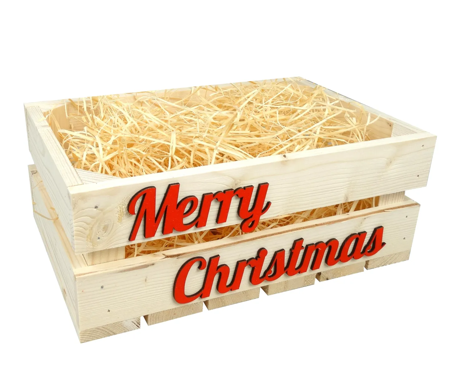 GoodFreshDecor Holzkiste 40x30x20 Merry Christmas Holzwolle