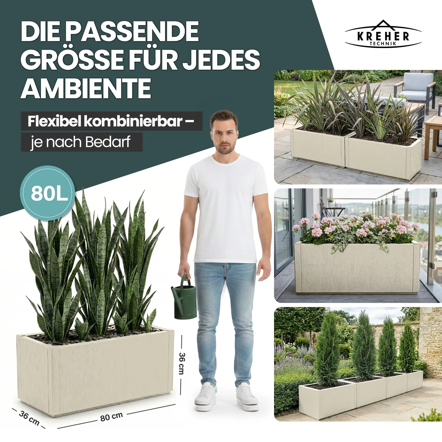 Kreher Ethica Pflanzkasten 80cm beige Struktur 80L