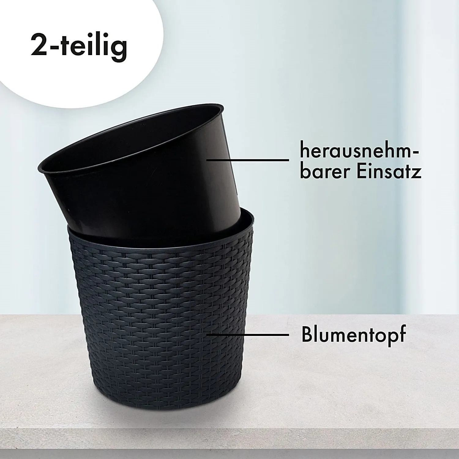 astor24 Blumentopf Rattan-Optik 20 cm schwarz mit Einsatz