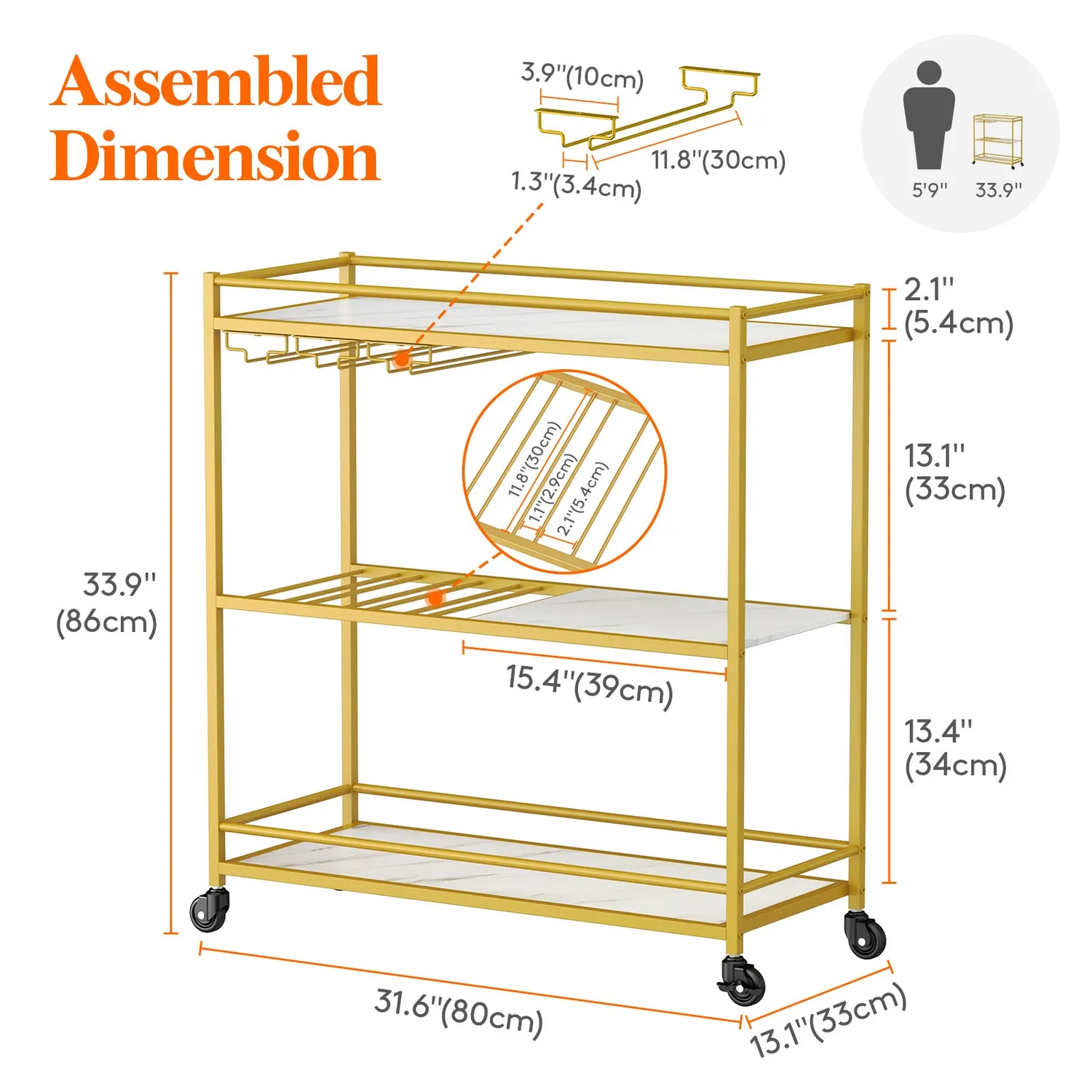 Lifewit Servierwagen Gold 3 Etagen 80cm