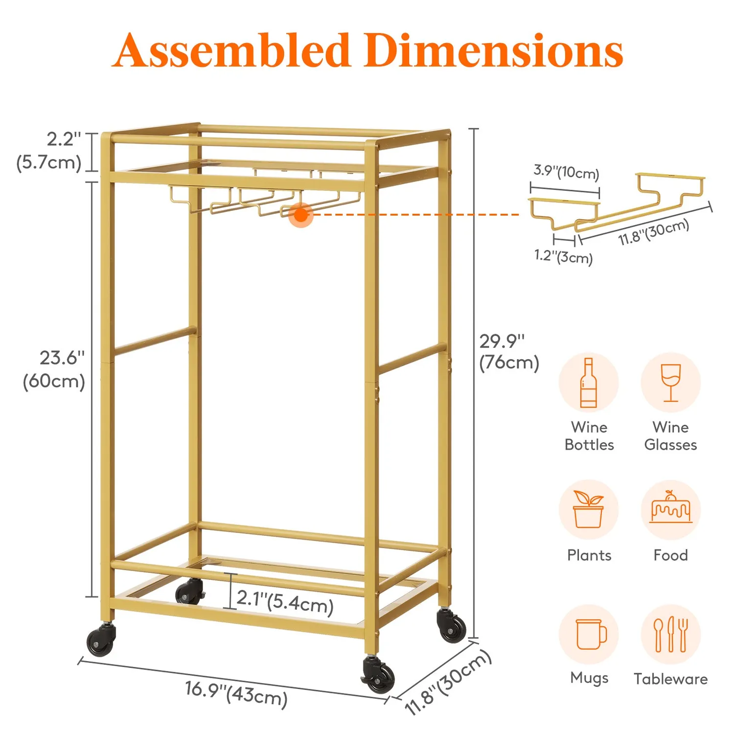 Lifewit Servierwagen Gold 2 Etagen Glas 43x30cm