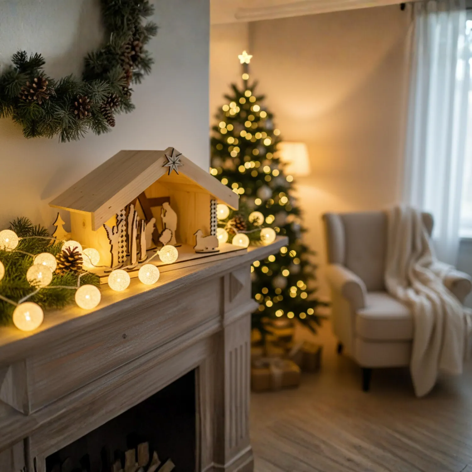 GoodFreshDecor Weihnachtskrippe Holz 8 Figuren 39 cm Natur