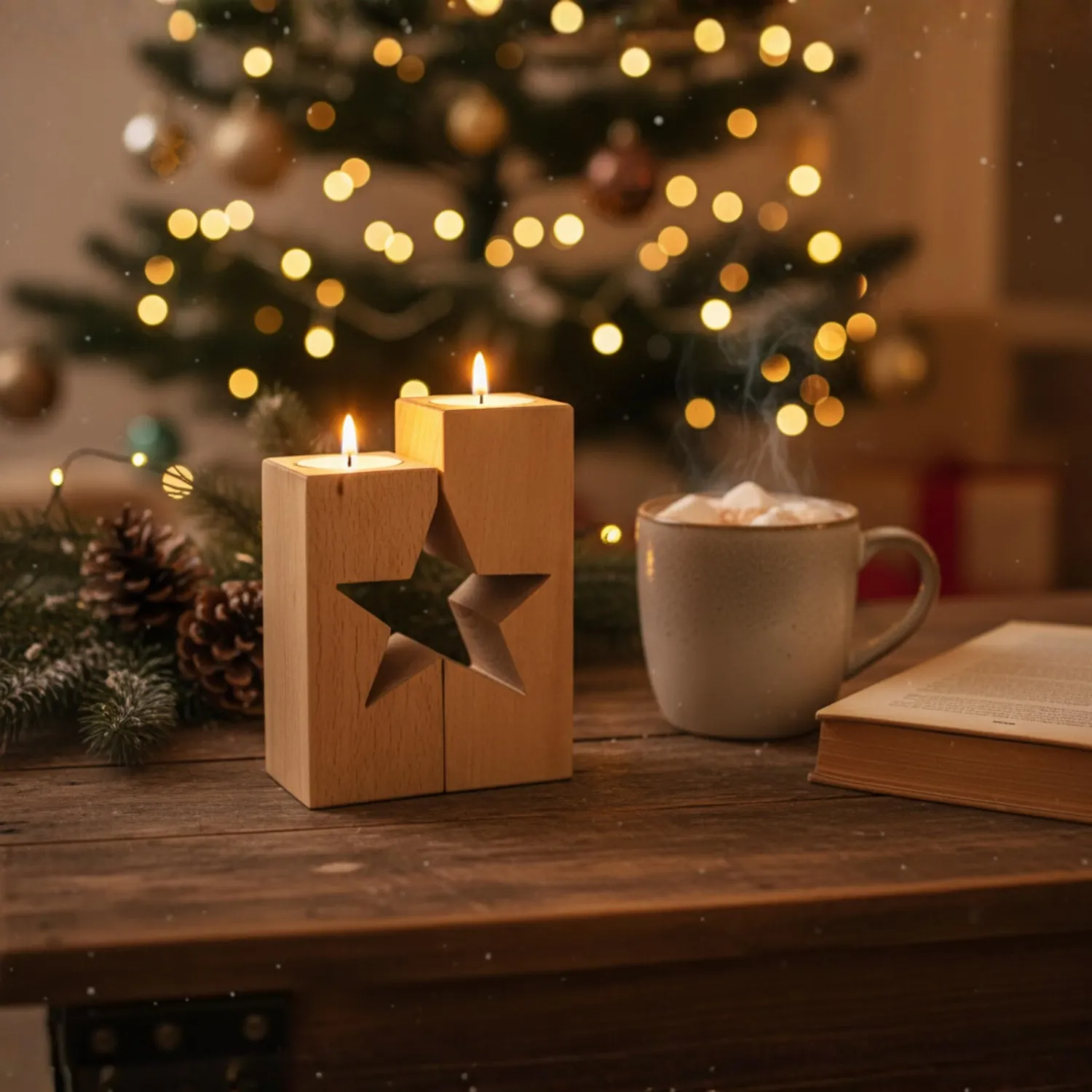 GoodFreshDecor Stern Kerzenständer Holz 2er Set mit Teelichtern