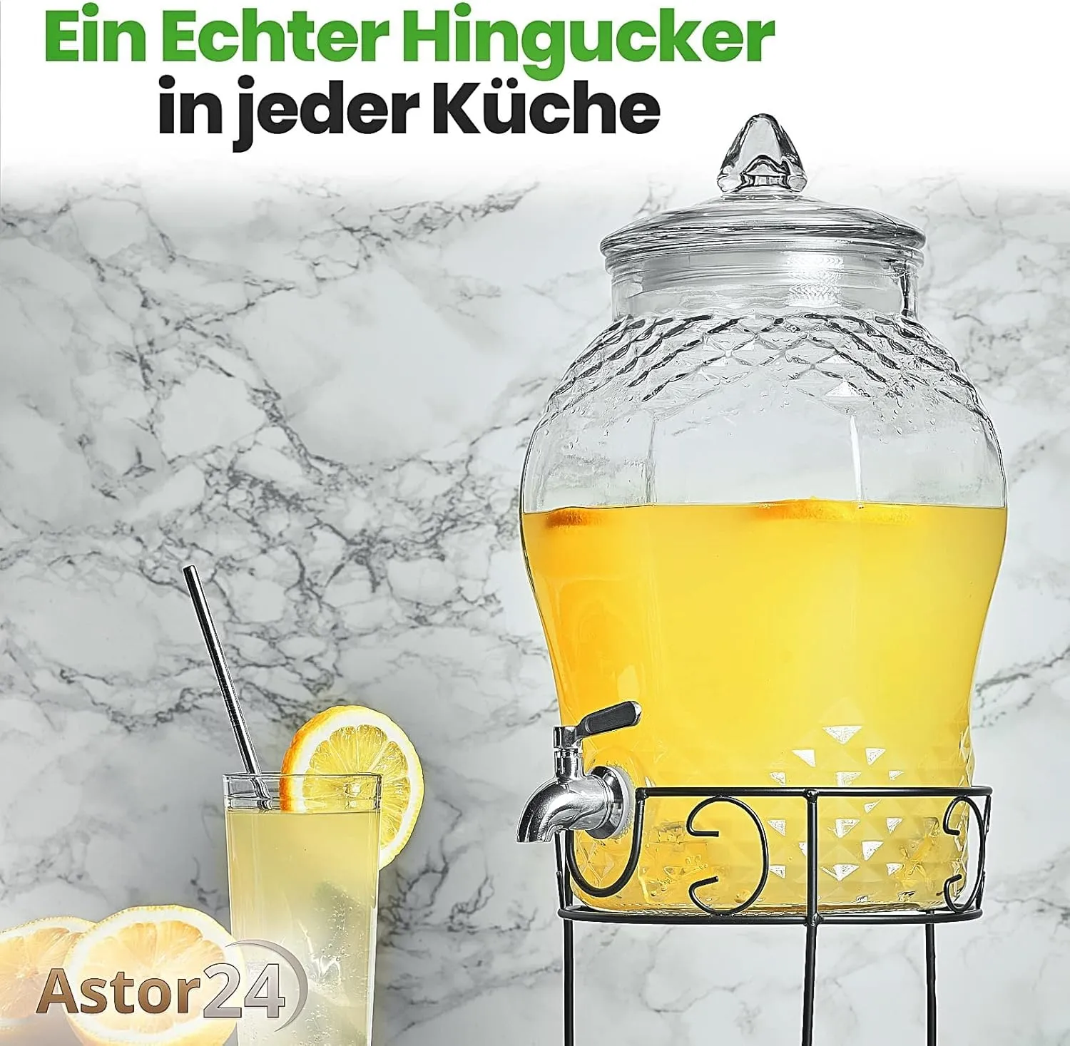 astor24 Getränkespender Glas 8 Liter Edelstahl-Zapfhahn mit Ständer