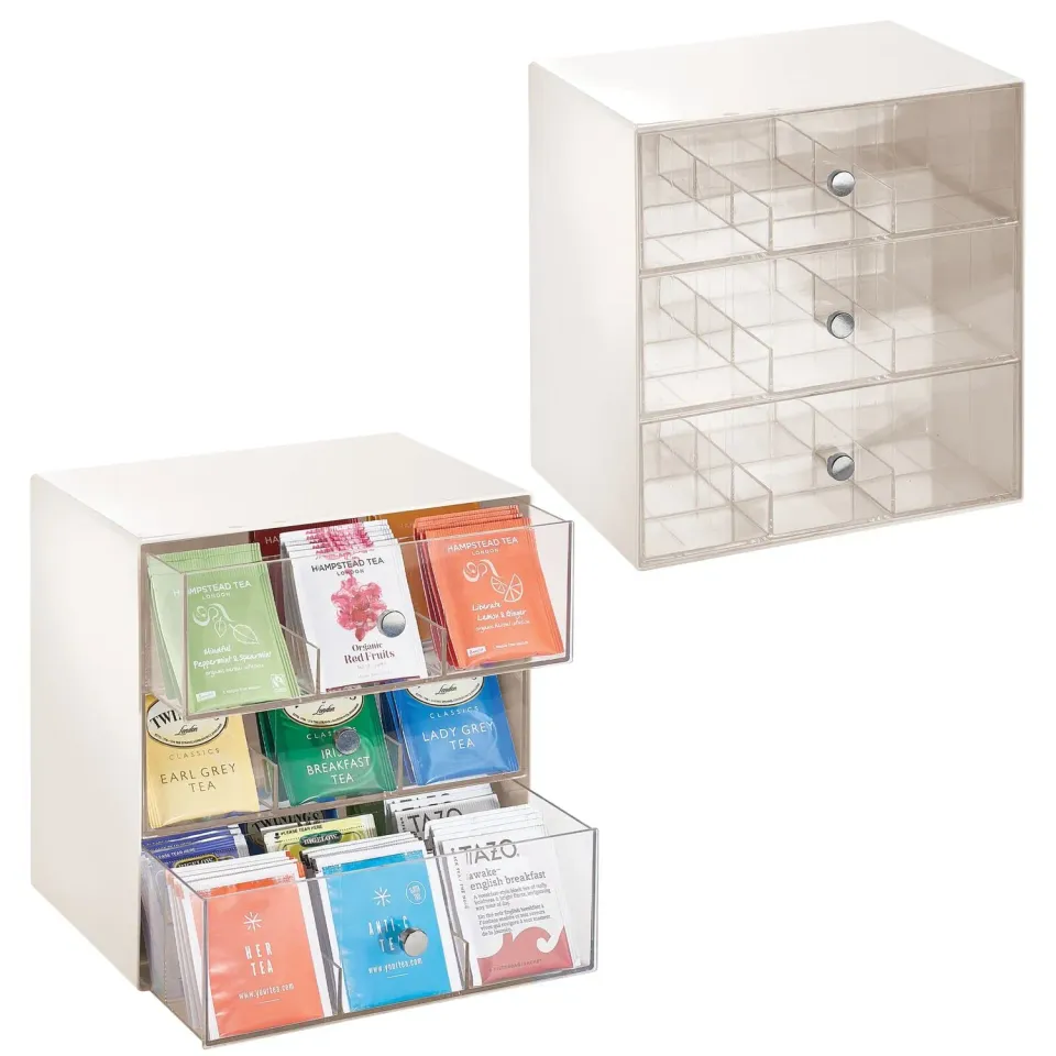 M Design Teebeutelbox 27 Fächer 3 Schubladen 2er-Set creme