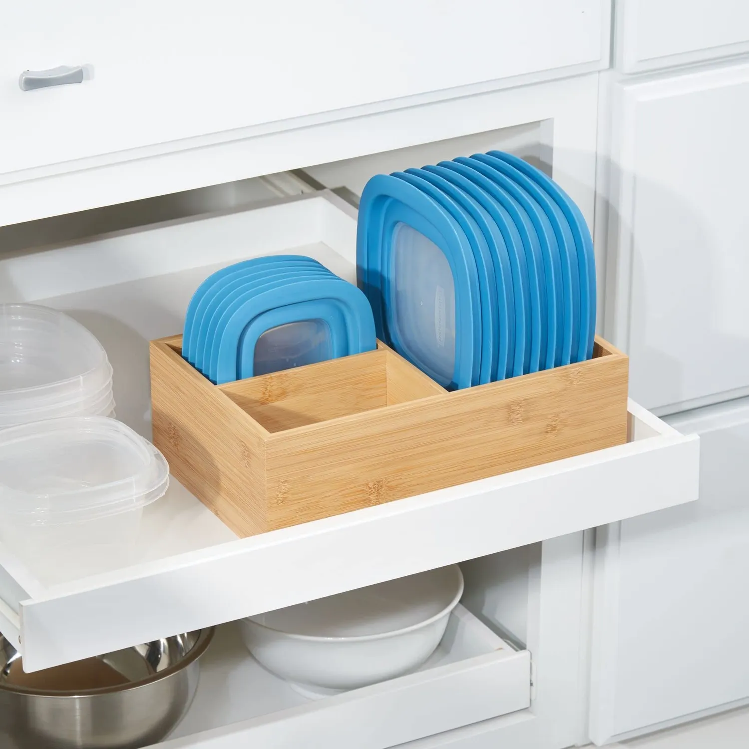 mDesign Deckelhalter Küchen Organizer Bambus natur 3 Fächer