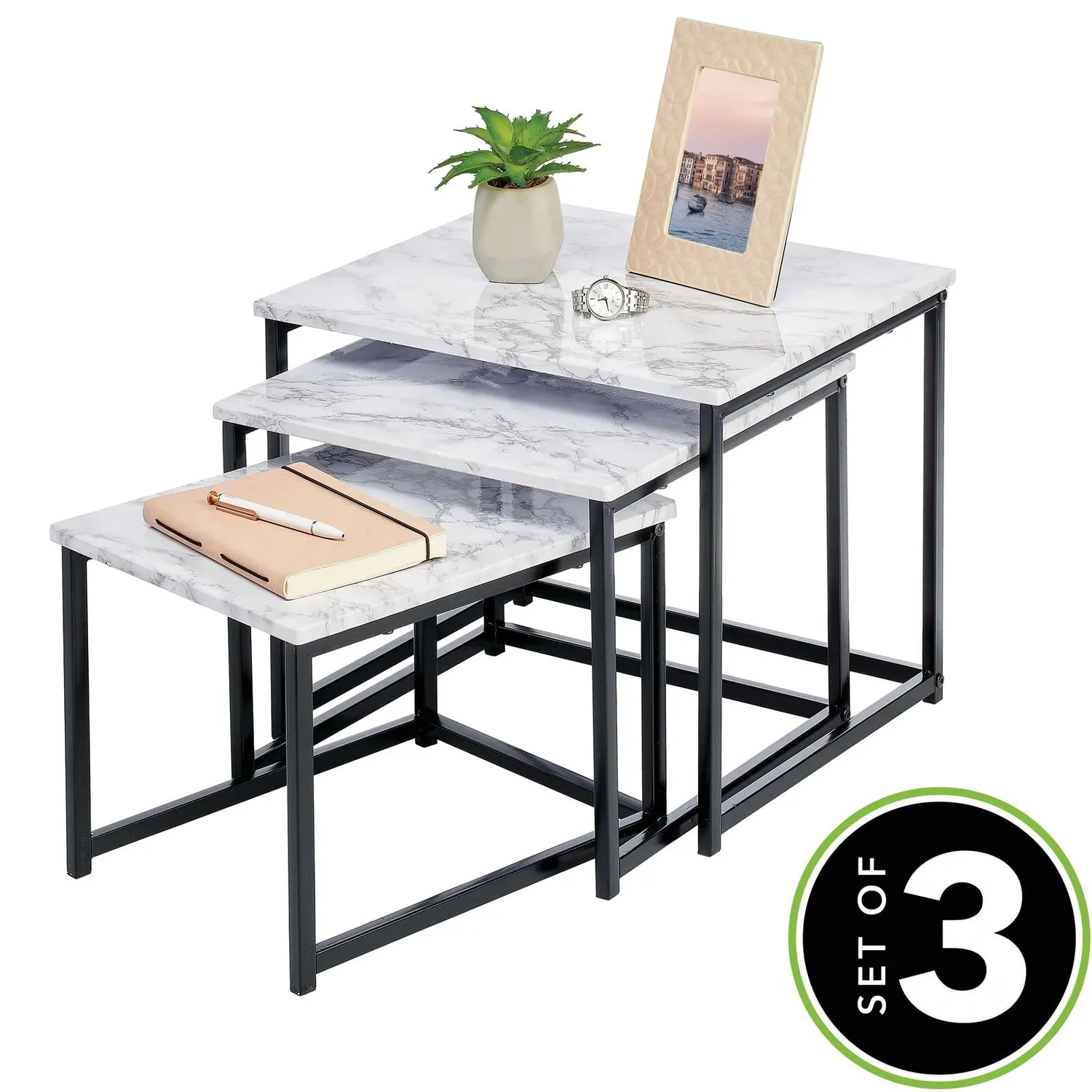 mDesign Couchtisch 3er-Set Marmor schwarz Industrial Holz