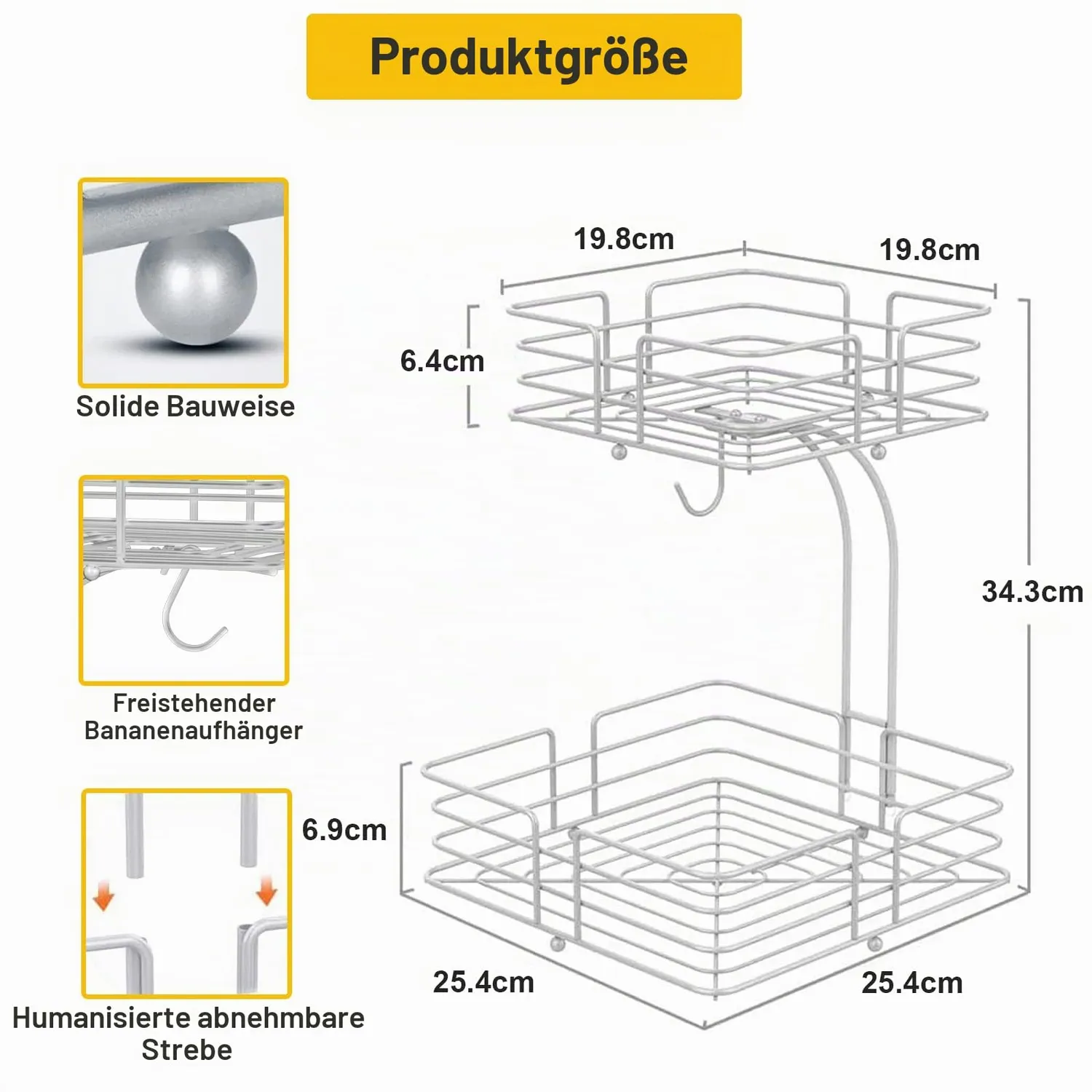 BOMCLAP Obstkorb 2 Etagen Metall Obstschale mit Bananenhalter silber