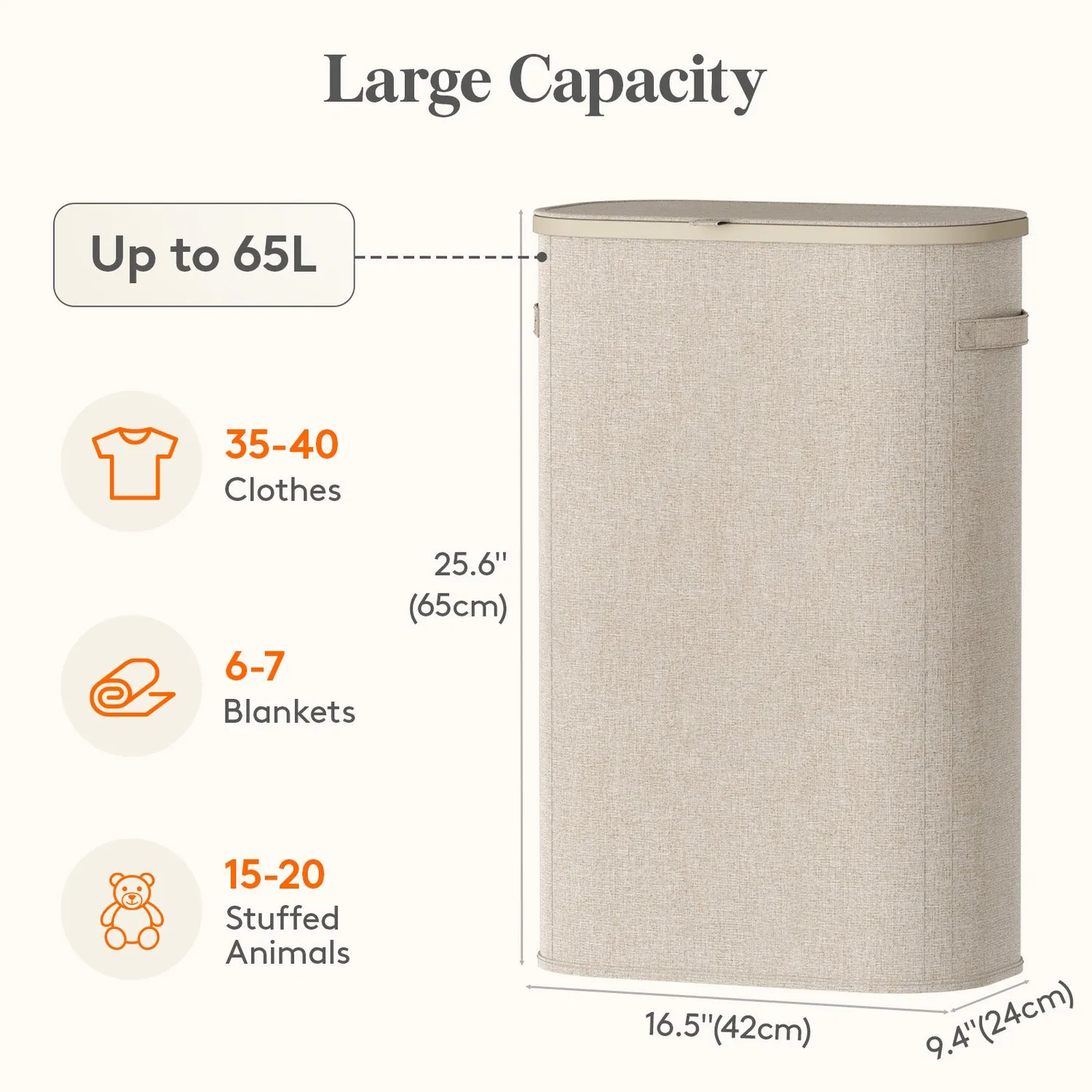 Lifewit Wäschekorb schmal mit Deckel 65L Beige