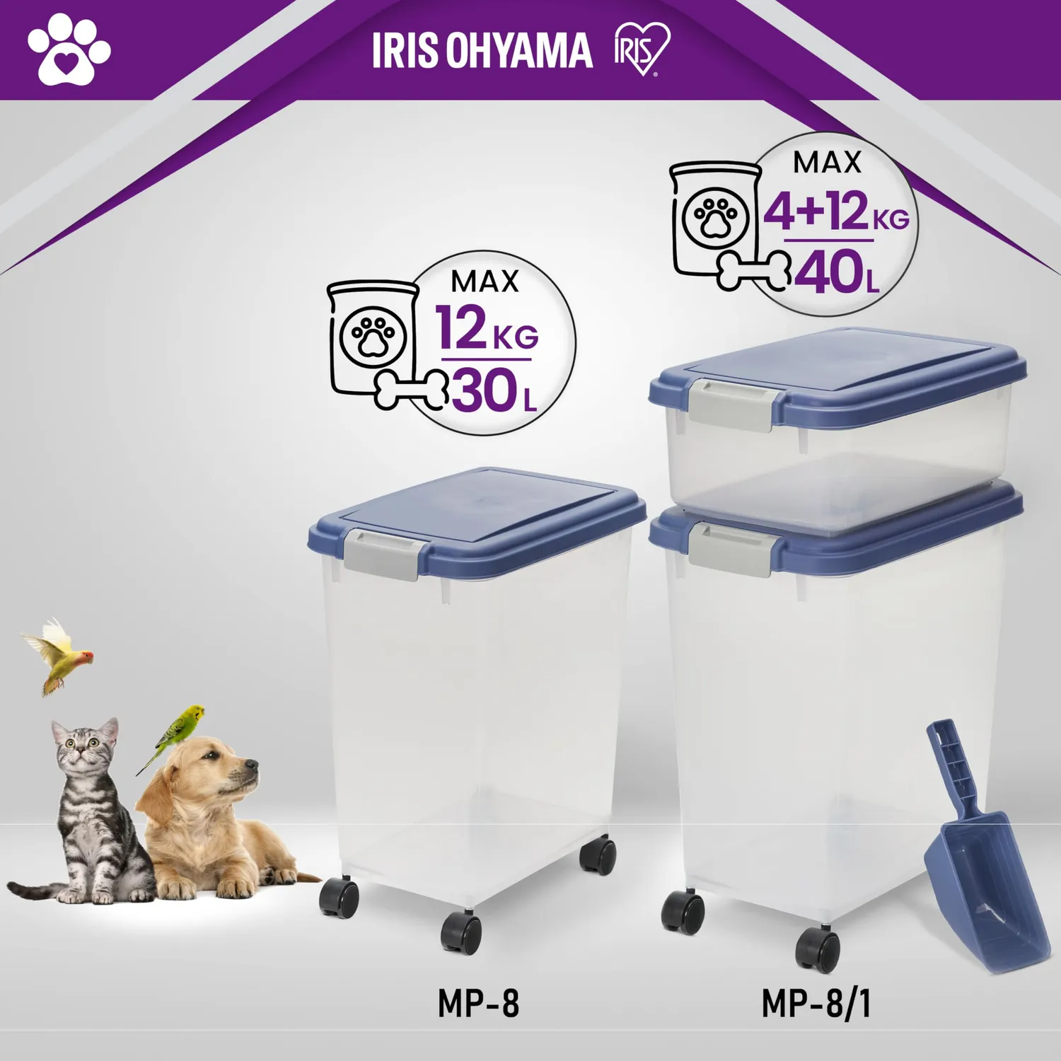 Iris Ohyama Futterbox 30L+10L blau luftdicht mit Rollen
