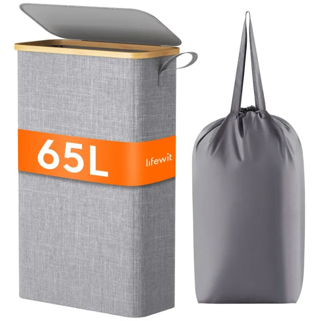 Lifewit Wäschekorb 65L Schmal Grau mit Deckel faltbar