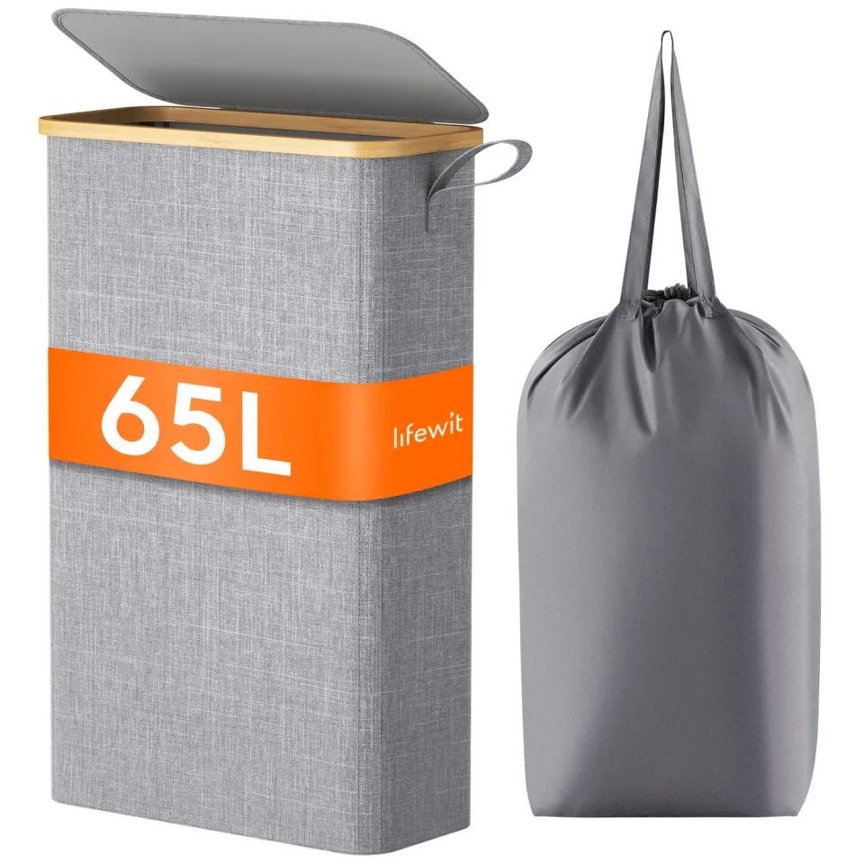 Lifewit Wäschekorb 65L Schmal Grau mit Deckel faltbar